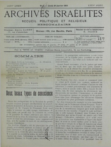 Archives israélites de France. Vol.75 N°05 (29 janv. 1914)